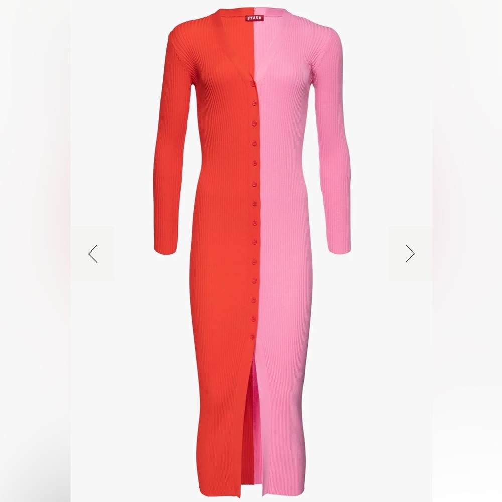 Staud Shoko Ribbed Cardigan Sweater Dress Colorblock Two Tone Midi Pink Red
